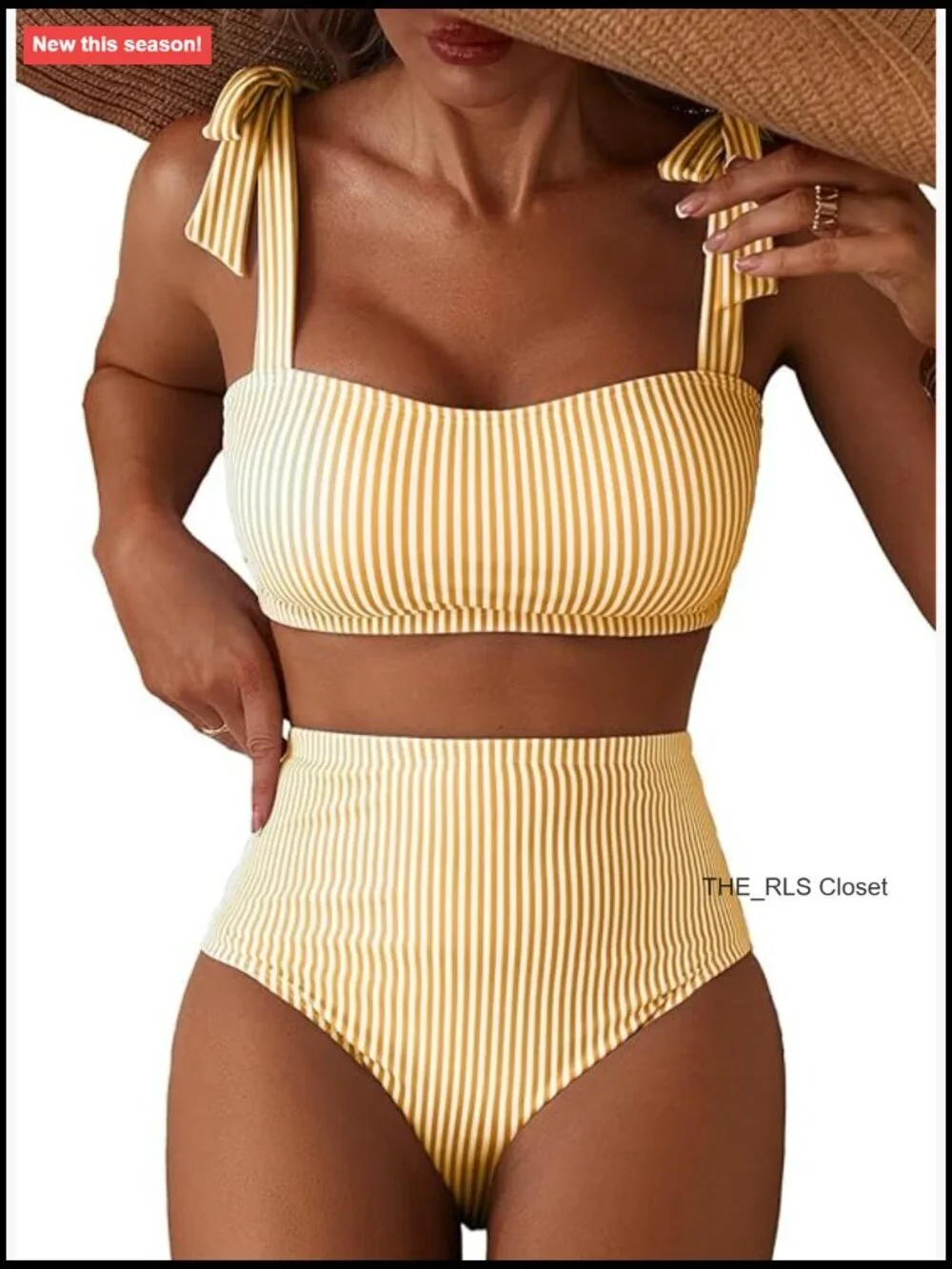 Women's Tie Shoulder Bikini Set High Waisted Striped Swimsuits 2 Piece